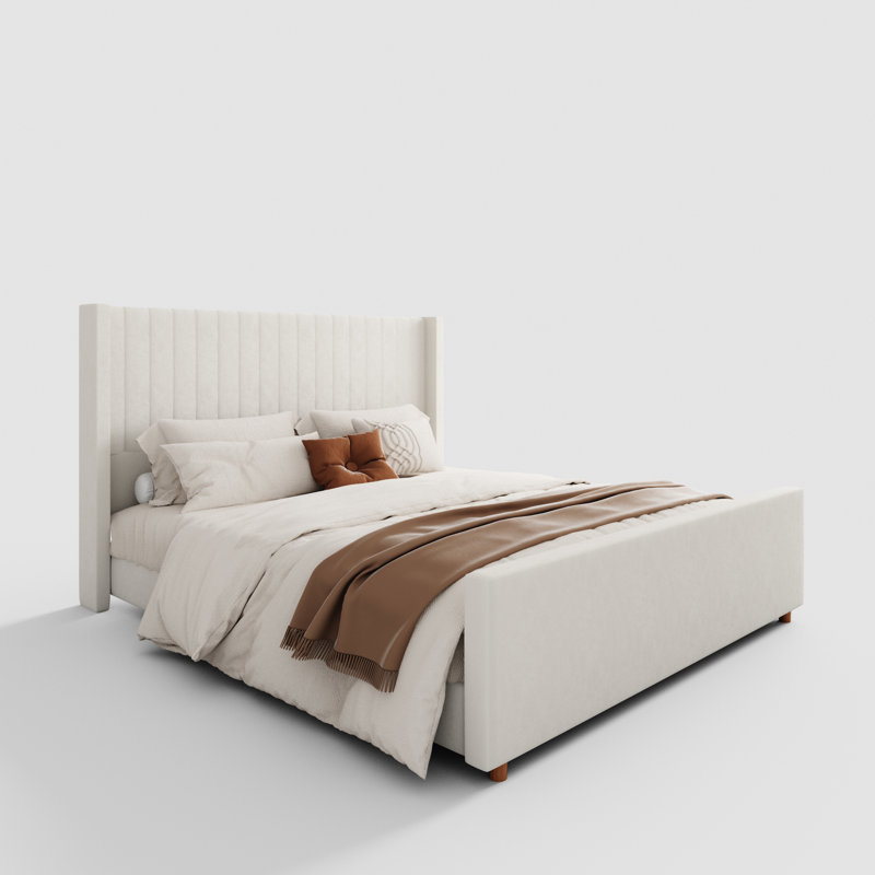  Lit plateforme tapissier à oreilles avec tête de lit et pied de lit en velours Plainfield, Beige, Roi