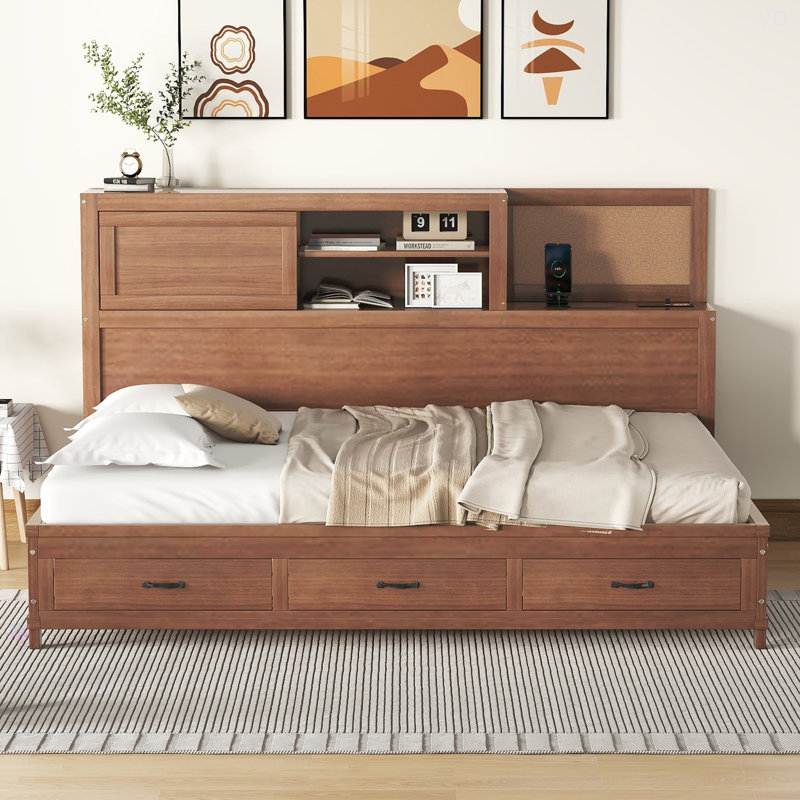 Full Size Wooden Daybed With 3 Storage Drawers, Upper Soft Board, Shelf, And A Set Of Sockets And USB Ports, White