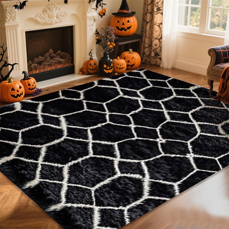 Black & White Geometric Area Rug, Soft Plush Carpet for Living Room Hallway, Festive Holiday Rug for Halloween Christmas, Non-Slip Floor Mat for Home Office, Stylish Hexagon Decor