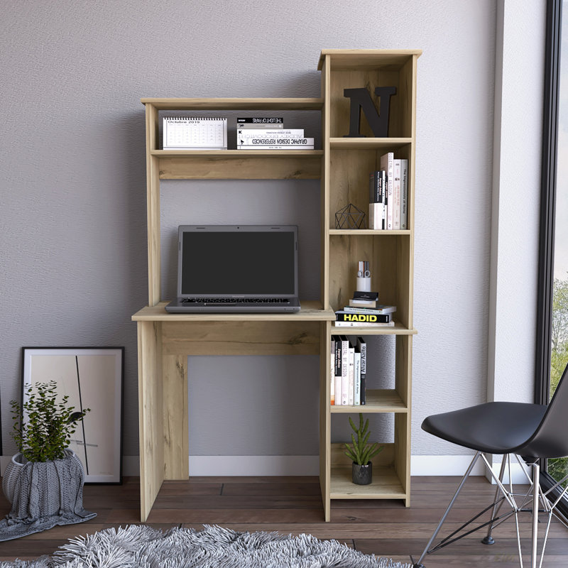 6-Shelf Writing Desk With Built-In Bookcase(Desk), Light Oak