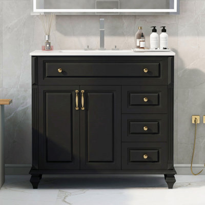 Meuble-lavabo de 91 cm avec lavabo, en bois massif, avec tiroir rabattable, 3 tiroirs et 2 portes. Design élégant avec poignées en métal. Meuble-lavabo moderne en MDF pour le rangement de votre salle de bain.