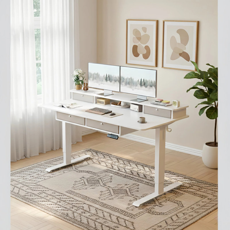 Euri Height Adjustable Standing Desk with Drawers, 46" H x 48" W x 24" D, White