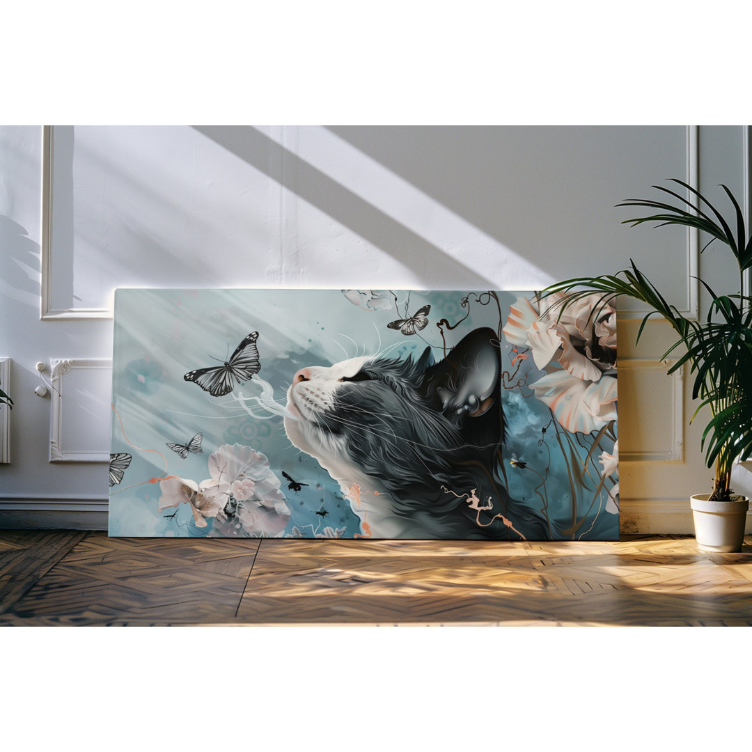 Wandbild 120x60cm Katze Kater Hauskatze Kunstwerk Blumen Schmetterlinge