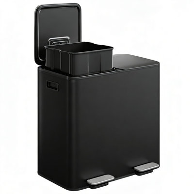 Dual Compartment Kitchen Trash Can Stainless Steel – Step Pedal, Soft-Close Lid, Removable Inner Buckets, Odor Filter – Garbage & Recycling Bin for Home  Size: 2*30L