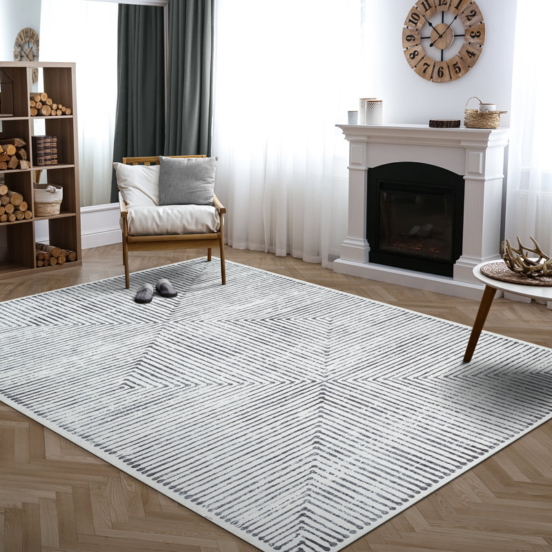 Tapis moderne lavable antidérapant - ivoire / noir - Hall d'entrée, couloir, salle de bain et cuisine, Rectangle 9 pi x 12 pi
