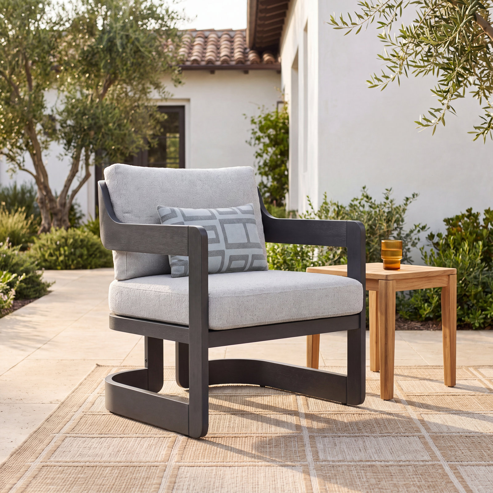 Dutton Acacia Patio Lounge Chair, Gray Cushion/Gray Frame, Olefin