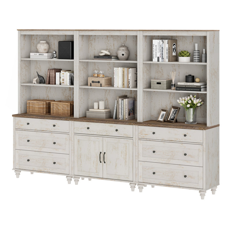 Scarlett Sideboard Cabinet With Bar Hutch, Farmhouse Sideboard Credenza With 6 Ample Drawer For Dining Room,  Large Storage Cabinet With Wood Doors And 5 Tier Shelve, Rustic White