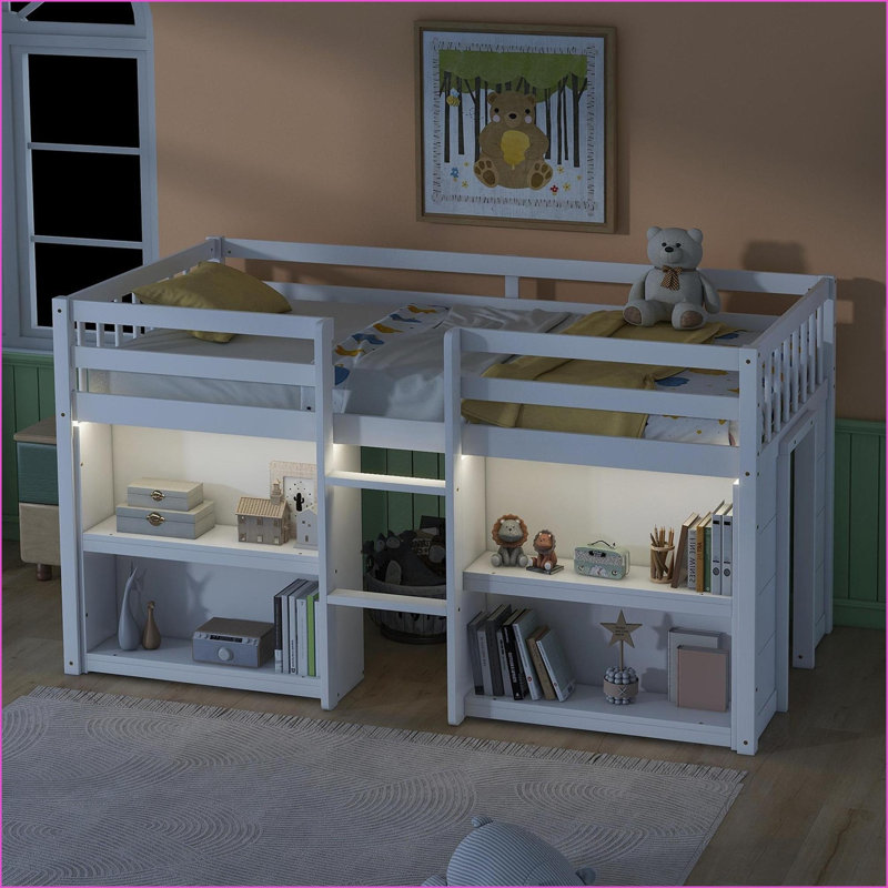 Lit mezzanine bas simple en bois de pin massif avec tablettes à 2 niveaux DEL blanc sans sommier