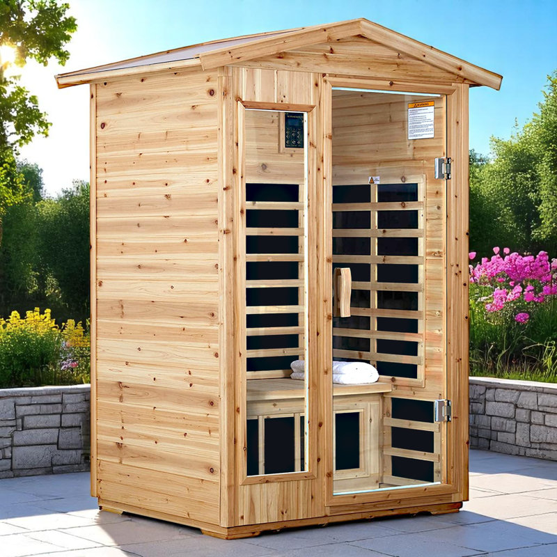 SINOLUXE Outdoor 2 Person Old Fir Far Infrared Sauna Withstand Outdoor Temp -10°F To 149°F Low EMF Sauna Room For Home-9 Low EMF Heaters-Chromotherapy-Bluetooth Speakers