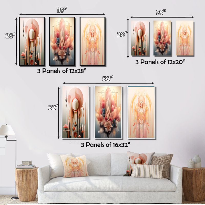 «Retro Boho Chic Minimal Geometric Retro Rose», 3 pièces sur toile, Toile tendue, H 28 po x l 36 po