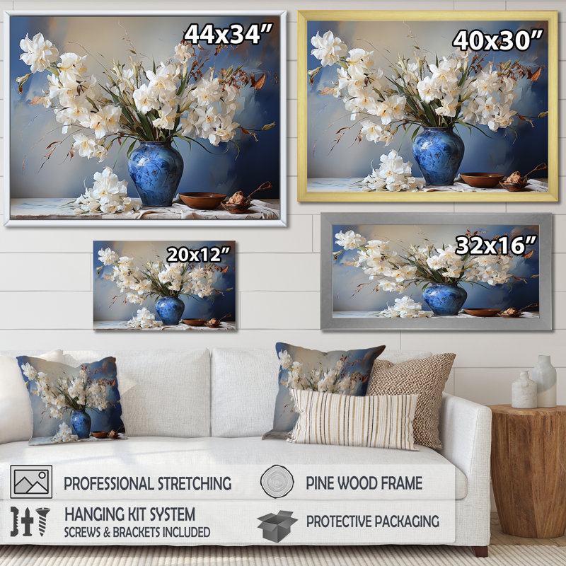 Iris Bouquet Vase Still Life - Reproduction, H 34 po x l 44 po x P 1,5 po, Cadre simple blanc