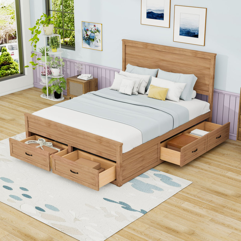 Queen Platform Bed with Six Built-in Storage Drawers and Stylish Headboard, Seadrift