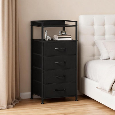 Modern Space-Saving Narrow Bedside Table with 4 Fabric Drawers & Open Shelf, Sturdy Steel Frame, Compact End Table for Bedroom, Living Room, Office, 41x29x83.5cm, Black