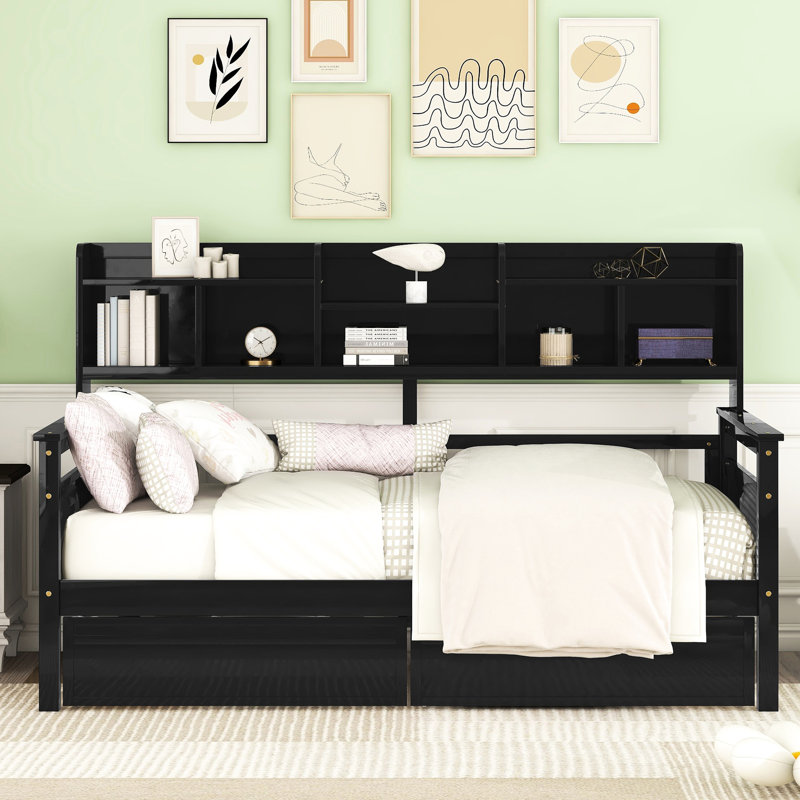 -colored Daybed With Strong Wood Construction, Two Drawers, And Bedside Shelf Twin Size In , Solid Slats Functional Storage For Your Home