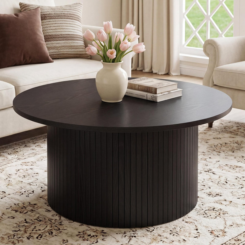 Table basse ronde cannelée de 31,5 po pour le salon, petite table d'appoint circulaire centrale avec structure en métal, table de plancher pour s'asseoir sur le plancher, maison, bureau, noir