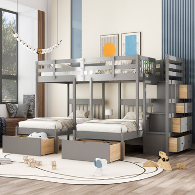Full Over Twin & Twin Bunk Bed, Wood Triple Bunk Bed With Drawers And Guardrails