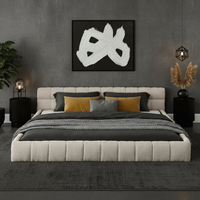 Très grande base de lit tapissier avec tissu chenille épais, Beige