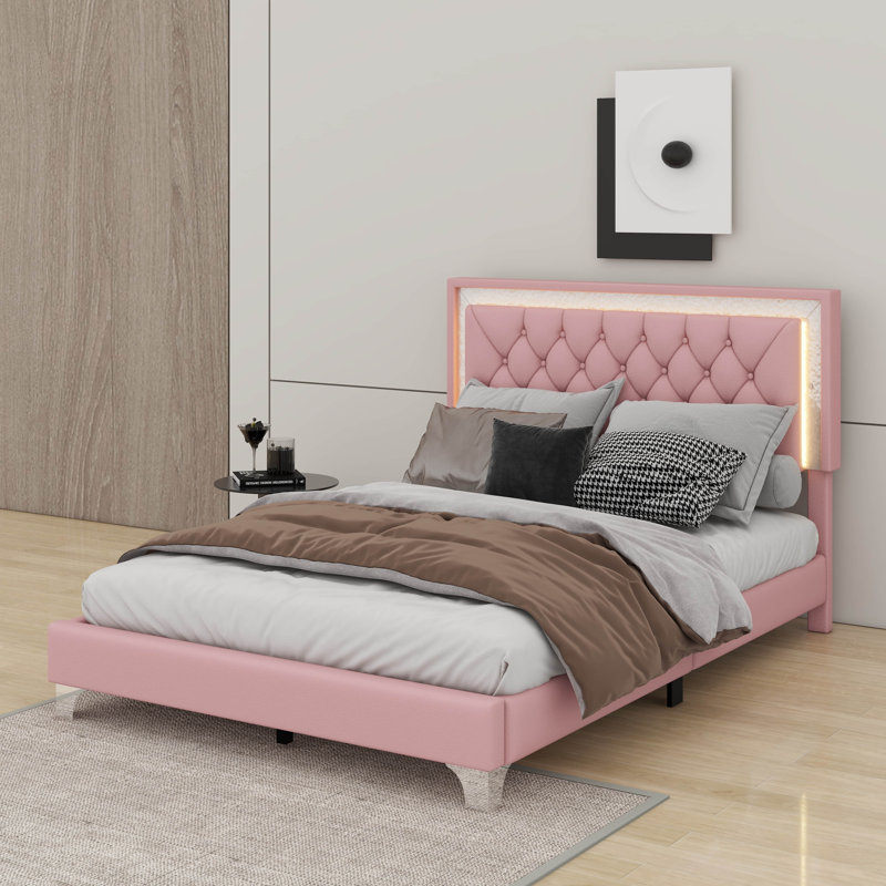 Structure de lit double pleine grandeur avec lumières DEL, lit plateforme moderne en velours avec tête de lit capitonnée