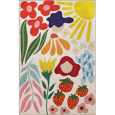 Light-Toned Multi-Colored Flower, Rose, and Strawberry Patterned Creative Modern Decorative Rug