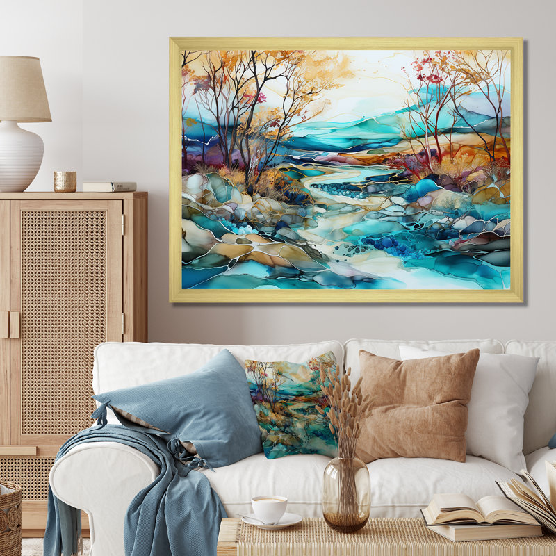 "Turquoise and Brown", impression sur toile encadrée, Cadre doré simple, H 16 po x l 32 po x P 1 po