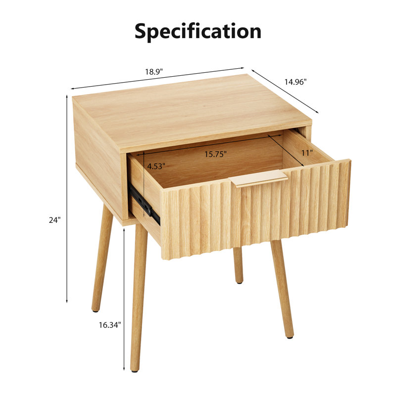 Table de chevet 18,9 po, panneau de particules et panneau de fibres à densité moyenne, mélamine et formage sous vide, 1 tiroir, pieds hauts (2 pièces)