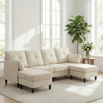 Canapé modulaire en U convertible avec 2 repose-pieds amovibles, canapé modulaire en velours côtelé 4 places avec pieds robustes pour le salon, petit espace