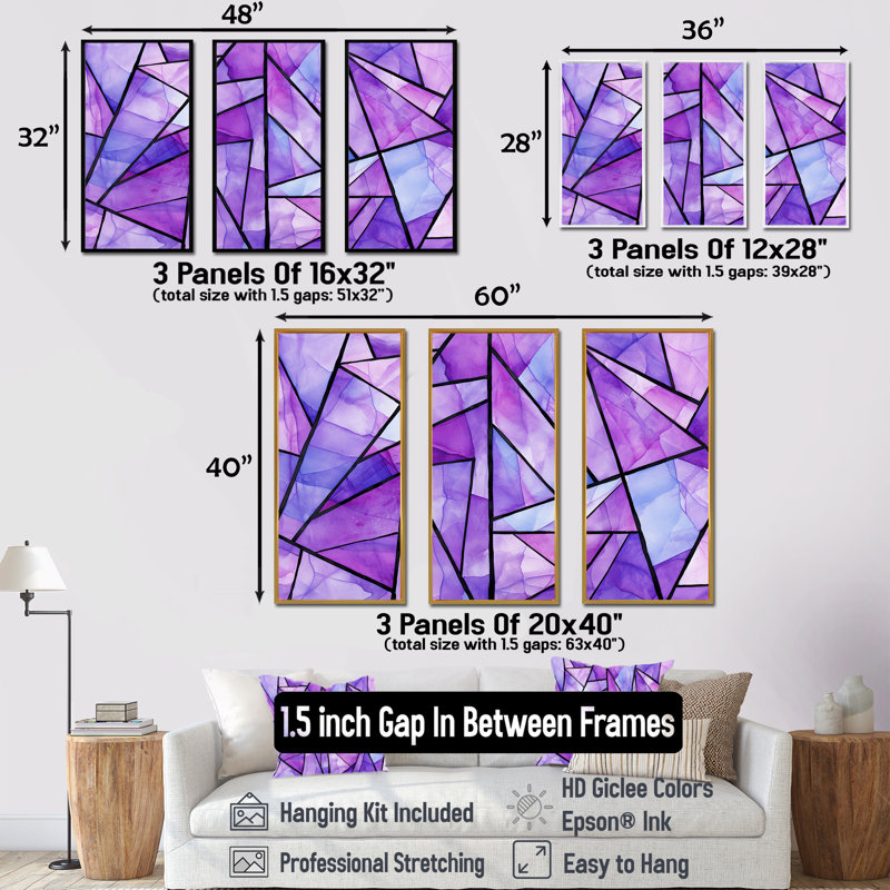 Mauve et bleu - art mural géométrique, Cadre flottant noir, H 32 po x l 48 po x P 1 po