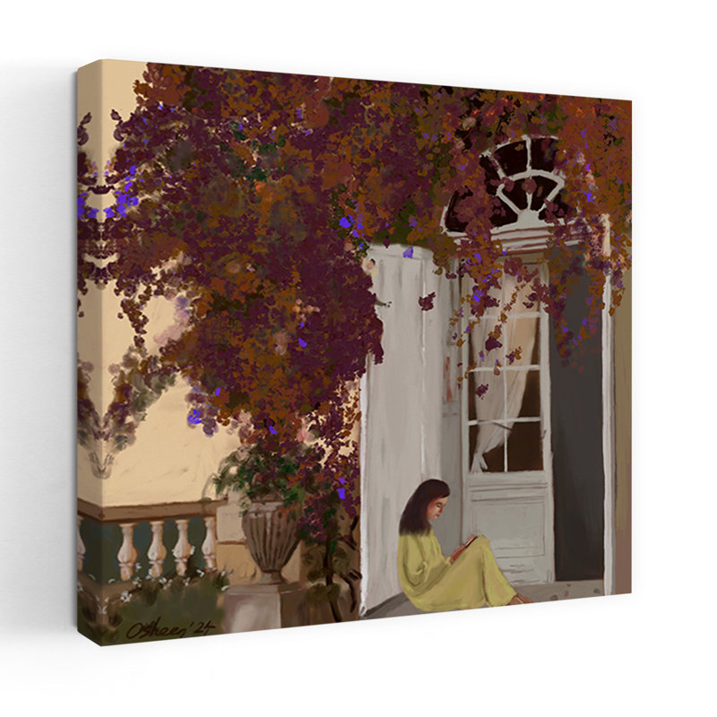 Jardin serein, lecture paisible, architecture sereine, art mural nature, H 32 po x l 32 po