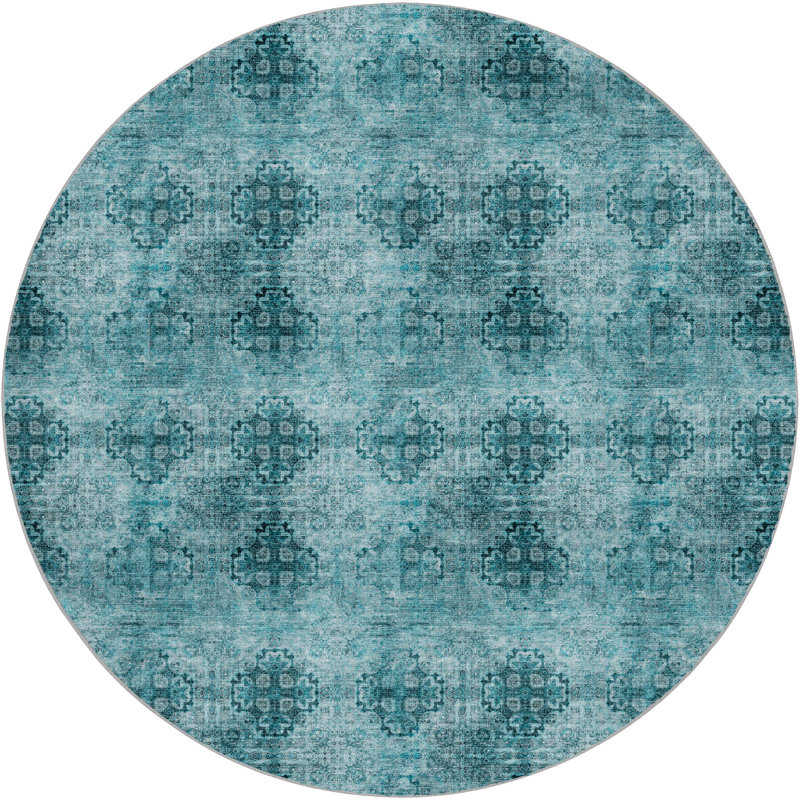 Premium Machine Washable Dream Shag ADS557 Medallions Rug, Teal, 8' Round