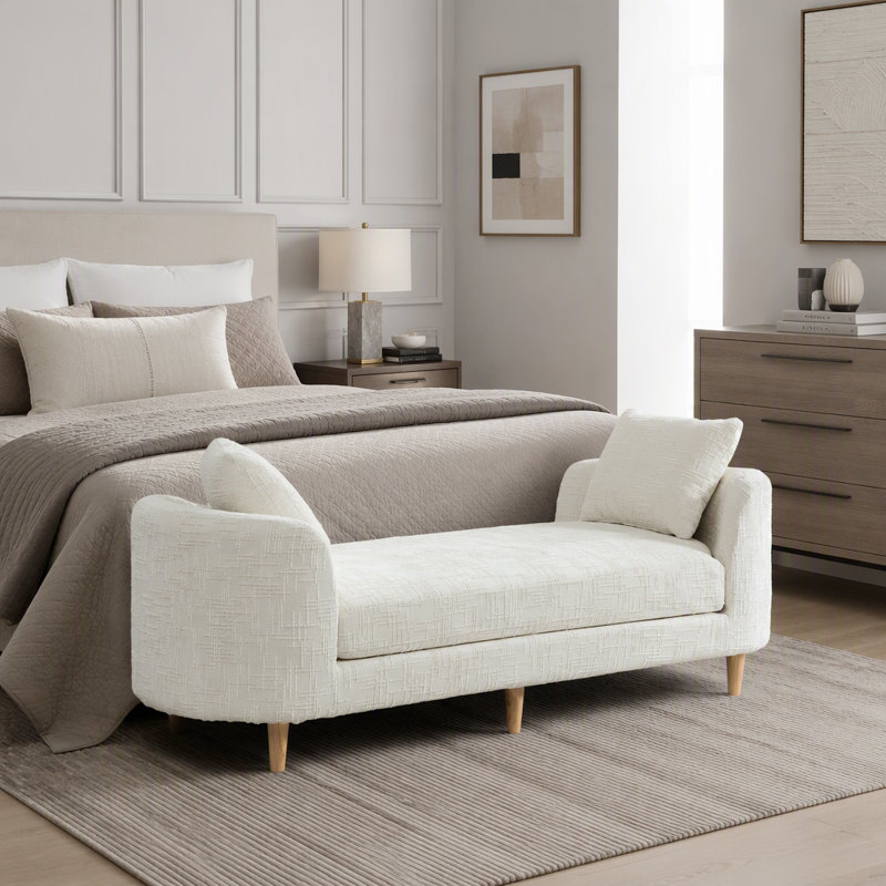 Banc de bout rembourré de 77,17 po de largeur avec accoudoirs, Beige