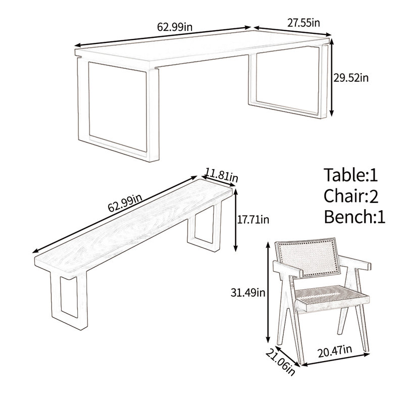 Multi-functional solid wood large board table set, 29.52"H x 62.99"L x 27.55"W