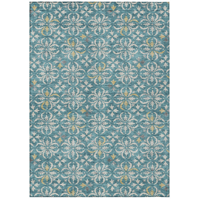 3' X 5' Teal Blue Gray And Gold Floral Washable Indoor Outdoor Area Rug