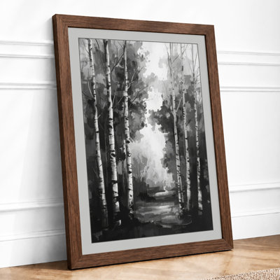 Birch Avenue in Mist Scandinavian - Framed Print