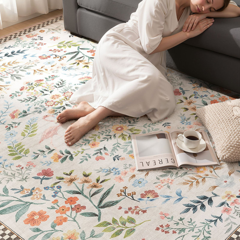 Washable Farmhouse Floral Area Rug with Non-Slip for Bedroom Nursery Living Room Decor-Pink, Rectangle 6' x 9', Pink