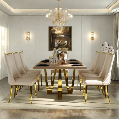 Wood Dining Tables For 8-10, 94 Inch Rectangular Farmhouse Walnut Kitchen Dining Table With Mirrored Gold V Shaped Pedestal, Large Trestle Dining Room Tables(Light Brown, Modern Rustic)