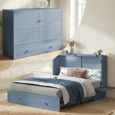 Murphy Bed Queen With Storage Drawers & Charging Station,Blue