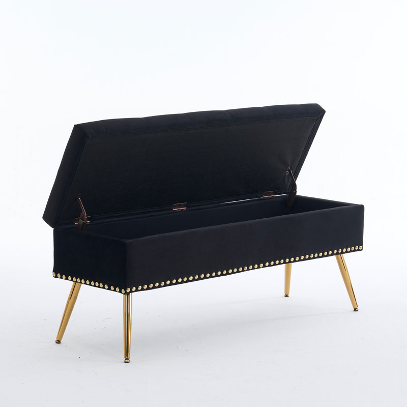Velvet Storage Ottoman Bench Modern Bedroom End of Bed Bench with Gold Legs, Black, 18" H x 46" W x 15.5" D