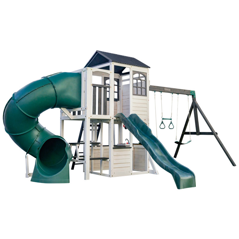 Wrangler Way Wooden Swing Set with 2 Slides, Play Kitchen, Picnic Bench and Ladder