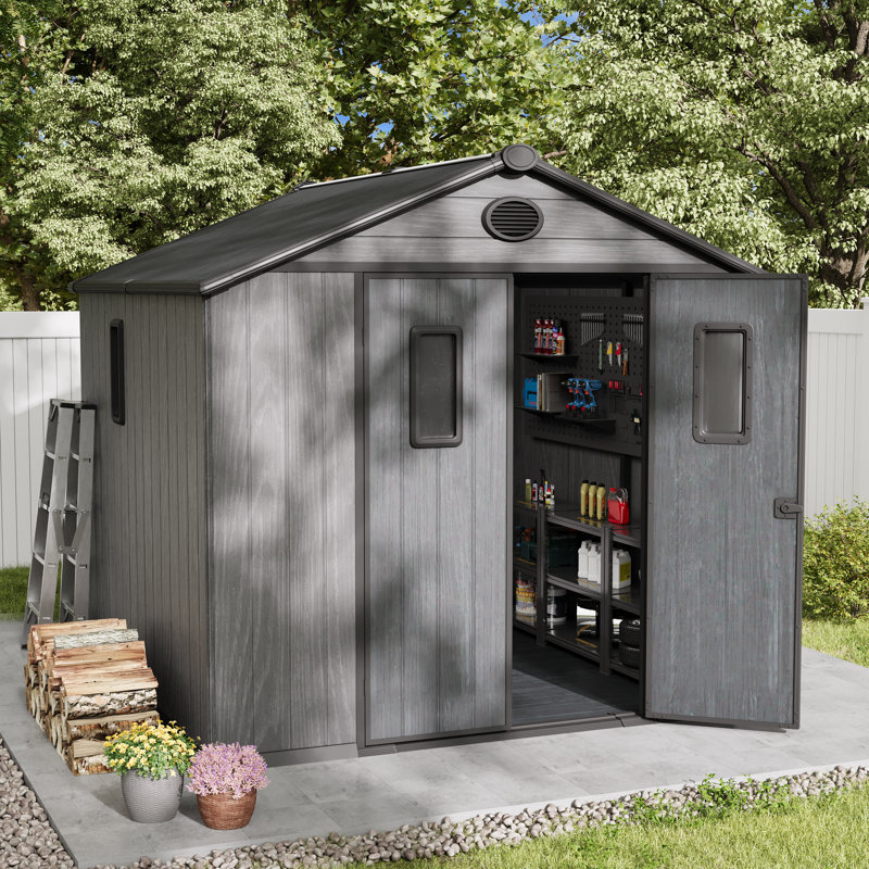 Outdoor Storage Tool Shed With Door And Floor, Plastic Outdoor Storage Shed With Steel Frame, White, White, 8'*8'