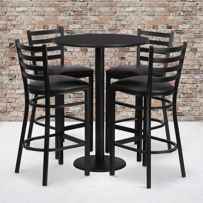 Aniket 30'' Round Laminate Table Set with Round Base and 4 Ladder Back Metal Barstools, Black Faux Leather