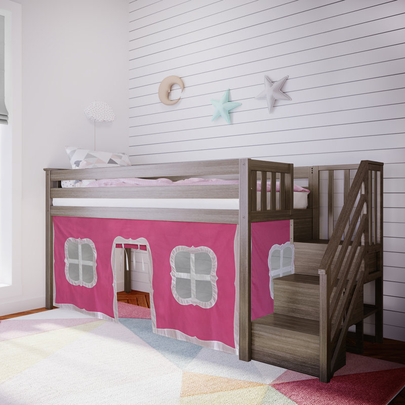 Lit mezzanine simple avec escalier et rideau de jeu Glyndon Kids, Argile, Rose