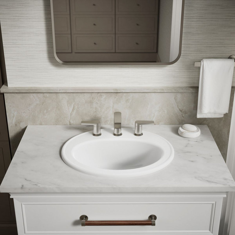 Pennington Ceramic Oval Drop-In Bathroom Sink with Overflow, White, 8'' Centers