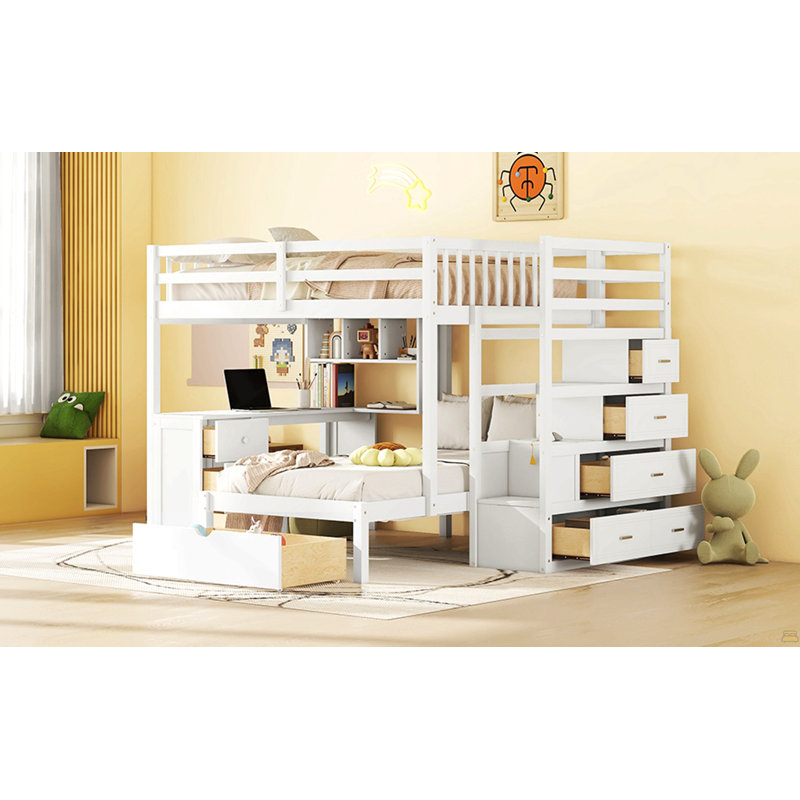 Lit superposé double au-dessus de simple avec bureau, tiroirs et tablettes