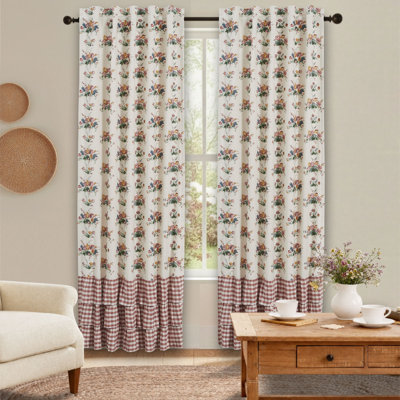 Rosehill Cottage Floral & Gingham Ruffled Cotton Curtain Panel Set - Dusty Rose & Natural Window Drapes