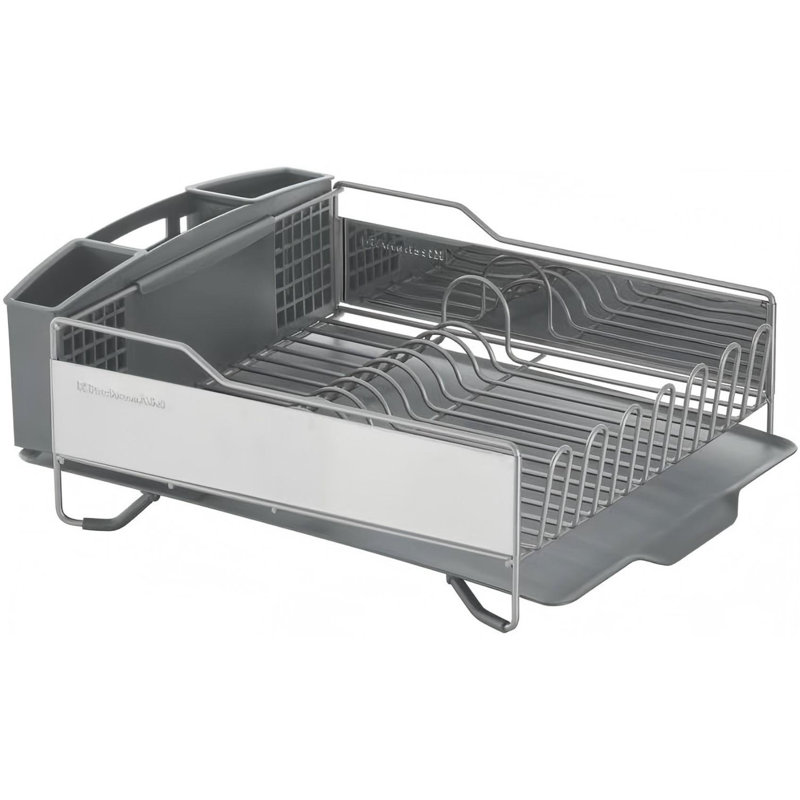 Large Capacity Full Size Rust Resistant Dish Rack With Angled Drain Board And Removable Flatware Caddy, Light Grey