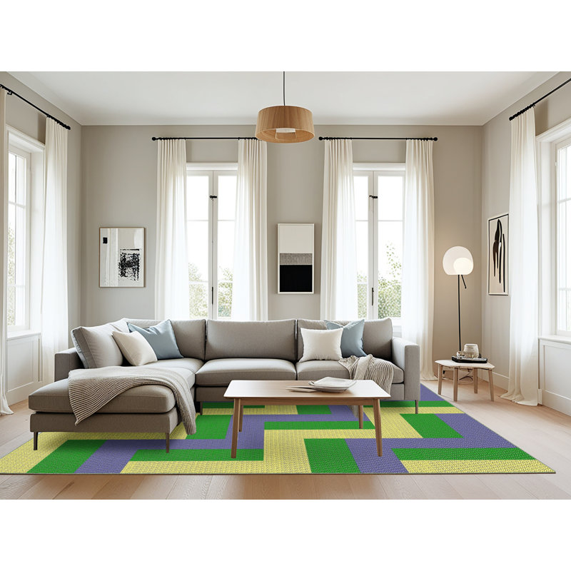Bleu/jaune Tapis décoratif, Rectangle 8 pi x 10 pi