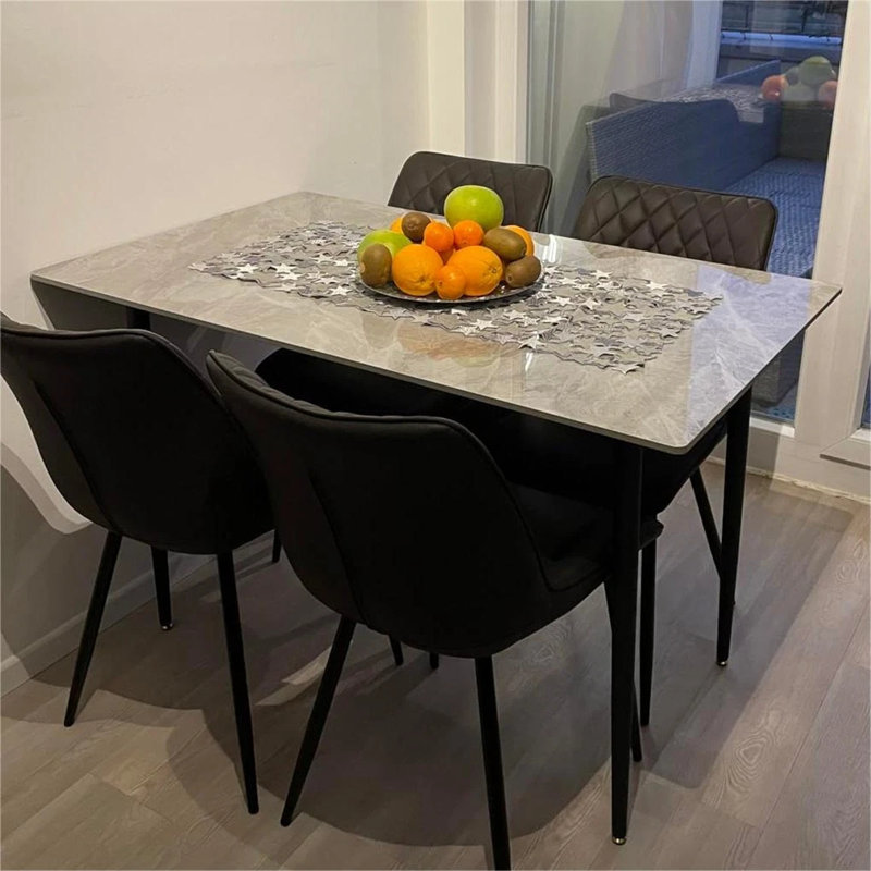 Annagh Stone Top Metal Base Dining Table, Gloss Gray, 30"H x 47.2" L x 27.5" W
