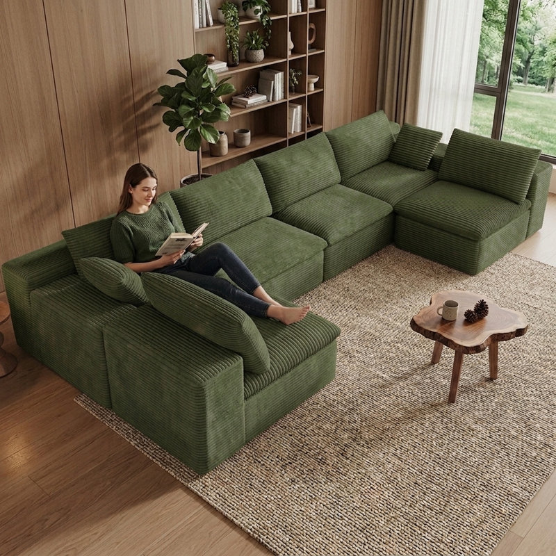 Canapé d'angle modulaire en forme de U de 343 cm (135 po) sans ossature, composé de 2 canapés individuels et de 2 causeuses, canapé convertible en velours côtelé, canapé à compression sans assemblage requis, dossier à coussins réglables pour le salon, vert