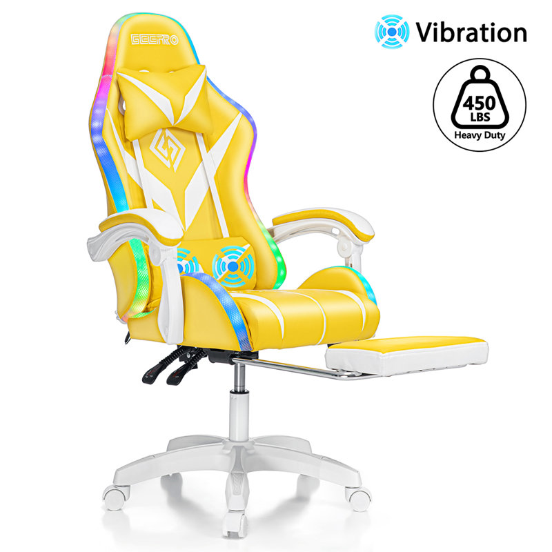 Ergonomic  LED Gaming Chair with Massage Lumbar Pillow, Yellow/White