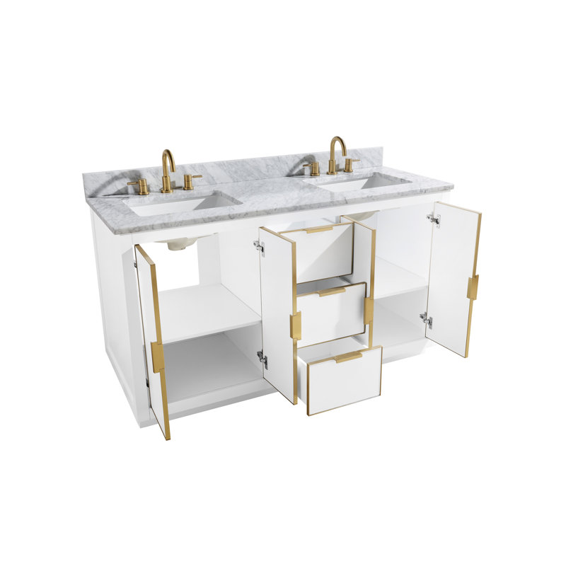 Meuble-lavabo double 61 po Salise, Marbre blanc de Carrare / or, Blanc